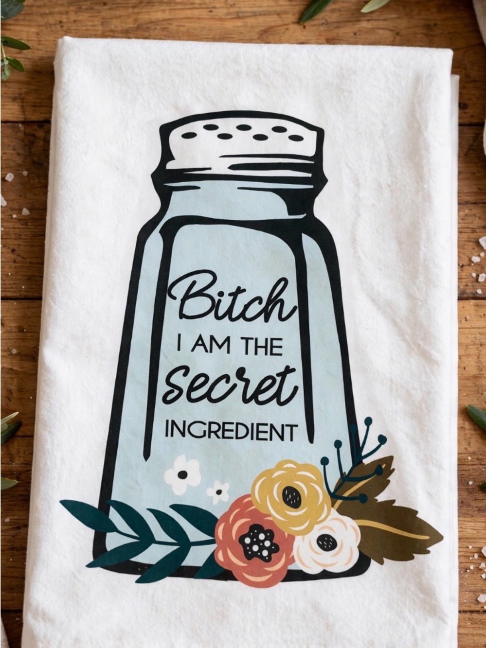 White Tea Towel with Blue Salt Shaker & Floral Design - Humorous Kitchen Towel